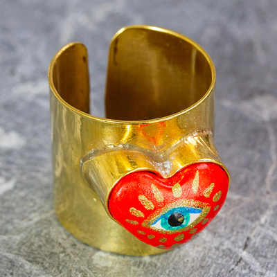 Gold-plated papier mache wrap ring, 'Passionate Glance' - 14k Gold-Plated Wrap Ring with Red Papier Mache Heart