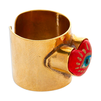 Vergoldeter Wickelring aus Pappmaché - 14-karätig vergoldeter Wickelring mit rotem Pappmaché-Herz