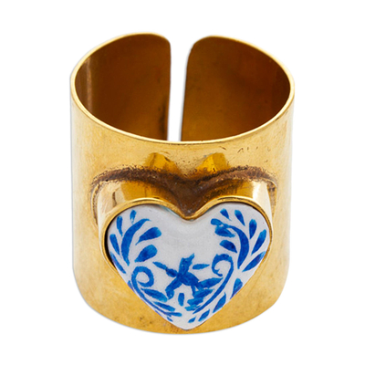 Gold-plated papier mache wrap ring, 'Blue Affection' - 14k Gold-Plated Wrap Ring with Blue Papier Mache Heart