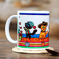 Ceramic mug, 'Christmas Kittens' - Christmas-Themed Ceramic Mug with Printed Cat Design