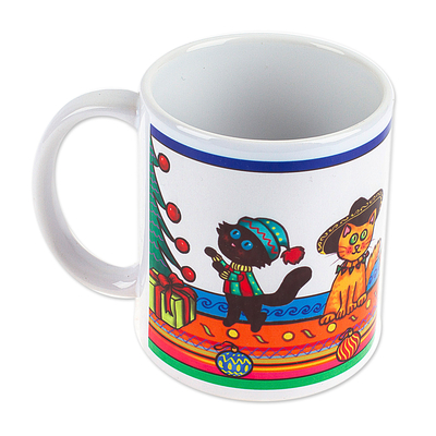 Christmas-Themed Ceramic Mug with Printed Cat Design