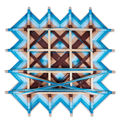 Arte de pared tejido a mano - Arte de pared azul tejido a mano de madera de pino con motivos geométricos
