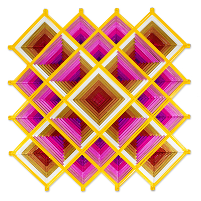 Arte de pared tejido a mano - Arte de pared rosa tejido a mano de madera de pino con motivos geométricos