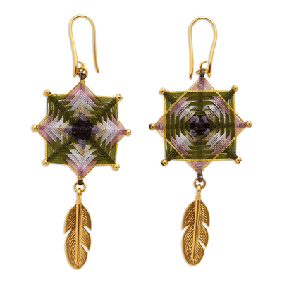 Gold-plated dangle earrings, 'Olive Feather' - 18k Gold-Plated Dangle Earrings with Olive Geometric Design