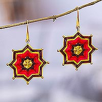 Gold-plated dangle earrings, 'Claret Web' - 18k Gold-Plated Dangle Earrings with Red Handwoven Accent