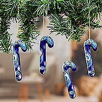 Ceramic ornaments, 'Lapis Canes' (set of 4) - Set of 4 Ceramic Ornaments with Floral Motifs in Blue