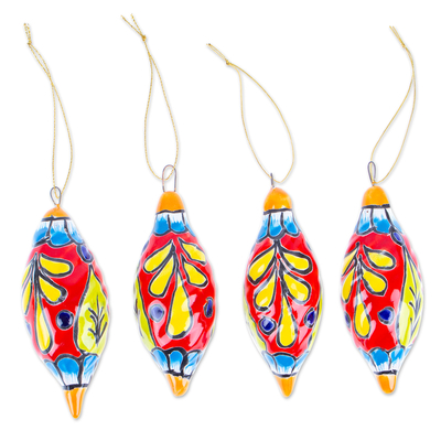 Ceramic ornaments, 'Scarlet Ambience' (set of 4) - Handcrafted Talavera Ceramic Ornaments in Scarlet (Set of 4)