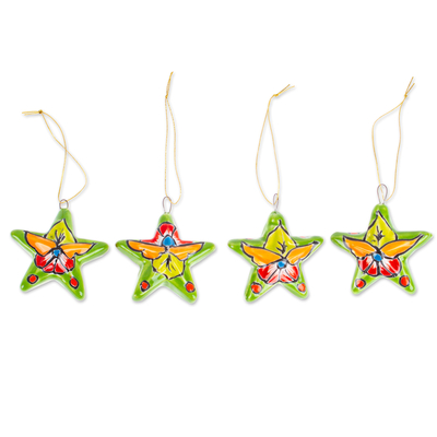 Ceramic ornaments, 'Olive Constellation' (set of 4) - Set of 4 Handcrafted Talavera Star Ceramic Ornaments