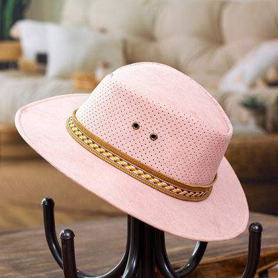 sombrero de cuero - Sombrero de cuero rosa hecho a mano con cinta de poliéster