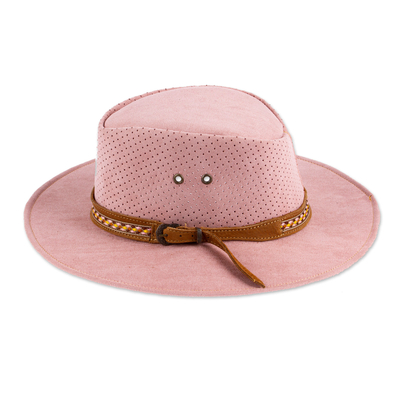 Handcrafted Pink Leather Hat with Polyester Hatband