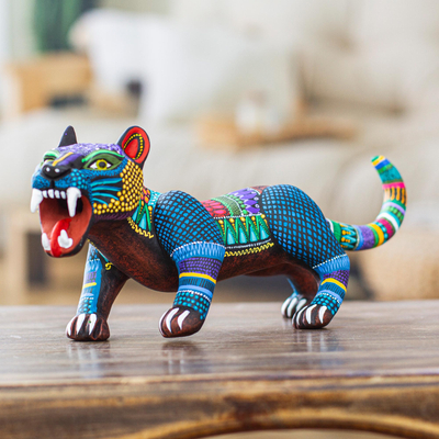 Ceramic alebrije figurine, 'Ferocious Cyan' - Handcrafted Ceramic Alebrije Figurine of colourful Jaguar