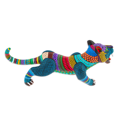 Ceramic alebrije figurine, 'Ferocious Cyan' - Handcrafted Ceramic Alebrije Figurine of Colorful Jaguar