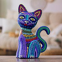 Ceramic alebrije figurine, 'Oneiric Feline' - Handcrafted Ceramic Alebrije Figurine of Colorful Cat
