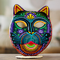 Ceramic alebrije mask, 'Feline Imagination' - Handcrafted Ceramic Alebrije Cat Mask with Painted Details