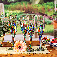 Handblown champagne flutes, 'Chromatic Soirée' (set of 4) - Set of 4 Colorful Handblown Champagne Flutes from Mexico