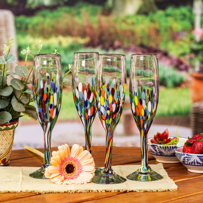 Set of 4 Colorful Handblown Champagne Flutes from Mexico, 'Chromatic Soirée