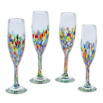 Handblown champagne flutes, 'Chromatic Soirée' (set of 4) - Set of 4 colourful Handblown Champagne Flutes from Mexico