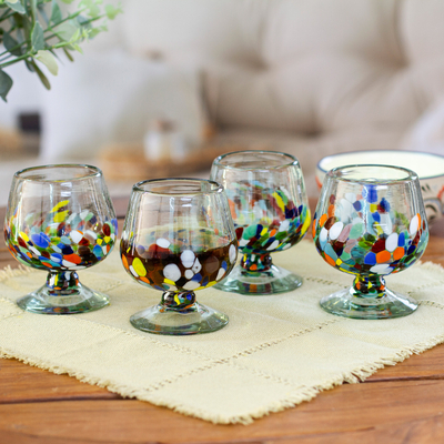 Handblown glass goblets, 'Chromatic Ceremony' (set of 4) - Set of 4 colourful Handblown Glass Goblets from Mexico