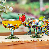 Handblown coupe cocktail glasses, 'Celebration' (set of 4) - Set of 4 Colorful Handblown Cocktail Glasses from Mexico