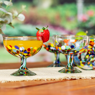 Handblown coupe cocktail glasses, 'Celebration' (set of 4) - Set of 4 Colorful Handblown Cocktail Glasses from Mexico