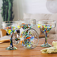 Handblown margarita glasses, 'Chromatic Finesse' (set of 4) - Set of 4 Colorful Handblown Margarita Glasses from Mexico