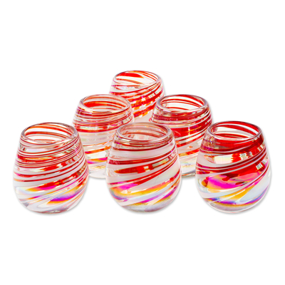 Handblown stemless wine glasses, 'Energy Enchantment' (set of 6) - Set of 6 Eco-Friendly Red Handblown Stemless Wine Glasses