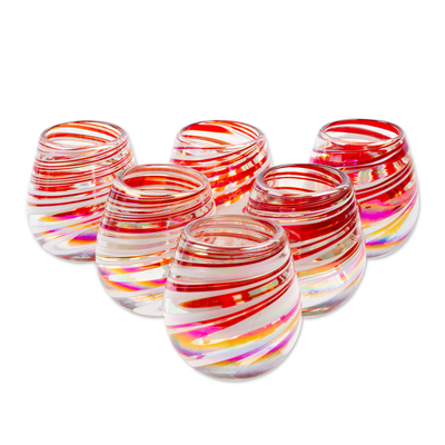 Handblown stemless wine glasses, 'Energy Enchantment' (set of 6) - Set of 6 Eco-Friendly Red Handblown Stemless Wine Glasses