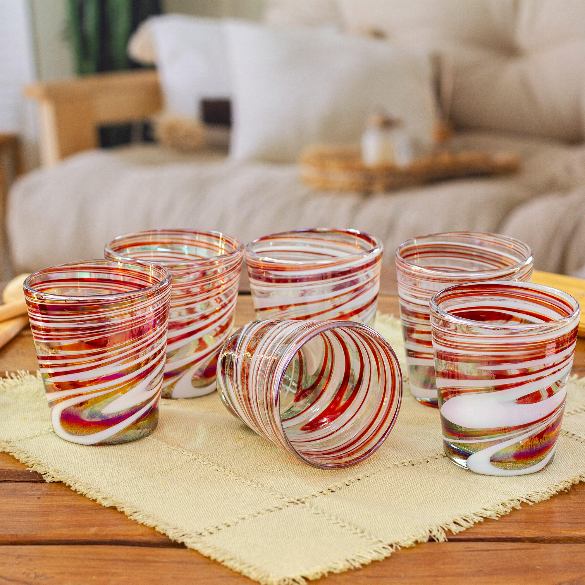 Set of 4 Eco-Friendly Red Handblown Martini Glasses, 'Luxury Enchantment