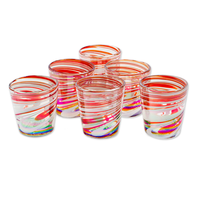 Handblown rock glasses, 'Freshness Enchantment' (set of 6) - Set of 6 Eco-Friendly Red Handblown Rock Glasses