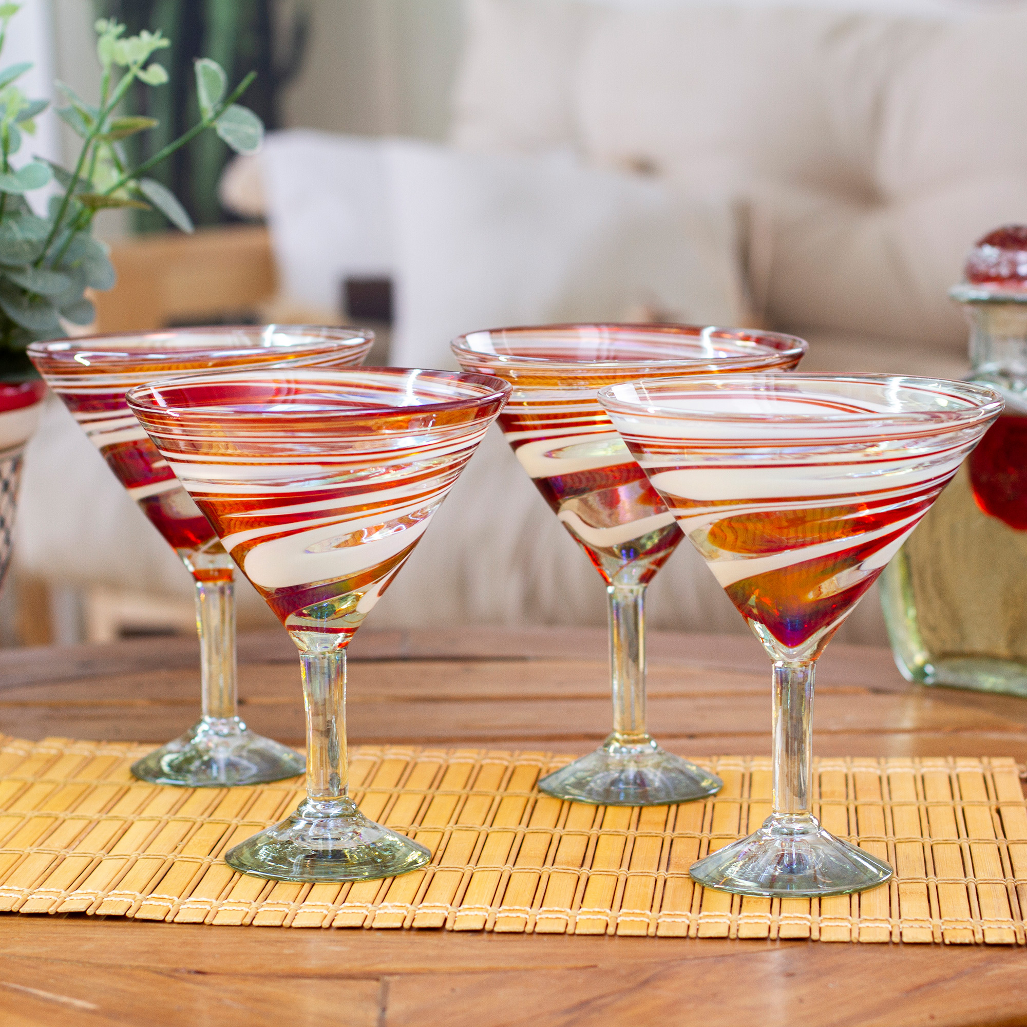 Set of 4 Eco-Friendly Red Handblown Martini Glasses, 'Luxury Enchantment