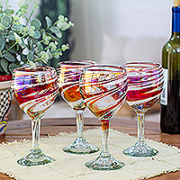 Handblown wine glasses, 'Elegance Enchantment' (set of 4) - Set of 4 Eco-Friendly Red Handblown Wine Glasses