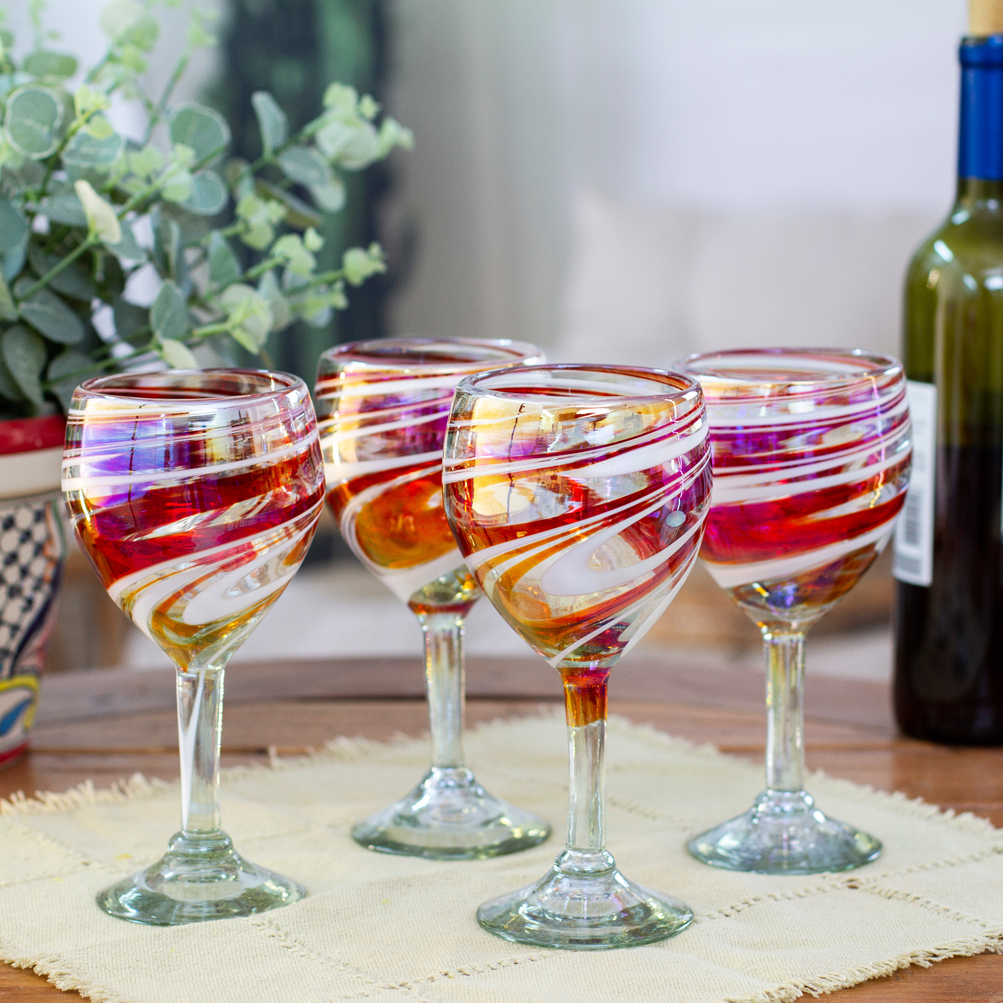 Pair of Eco-Friendly Red and White Handblown Martini Glasses, 'Majestic  Enchantment