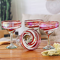 Handblown margarita glasses, 'Fineness Enchantment' (set of 4) - Set of 4 Eco-Friendly Red Handblown Margarita Glasses