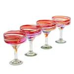 Handblown margarita glasses, 'Sophisticated Enchantment' (set of 4) - Set of 4 Eco-Friendly Red Handblown Margarita Glasses