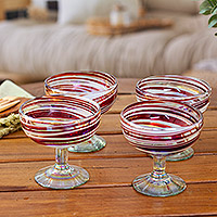 Handblown coupe cocktail glasses, 'Trendy Enchantment' (set of 4) - Set of 4 Eco-Friendly Red Handblown Coupe Glasses