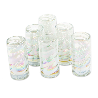 Handblown tequila shot glasses, 'Heavenly Joy' (set of 6) - Set of 6 White Handblown Tequila Shot Glasses from Mexico