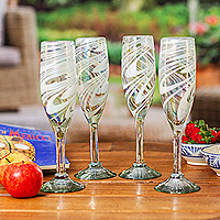 Handblown champagne flutes, 'White Gala' (set of 4) - Set of 4 White Handblown Champagne Flutes from Mexico