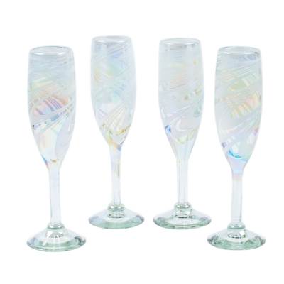 Set of 4 Multicolor Handblown Champagne Flutes from Mexico, 'Intense Luxury