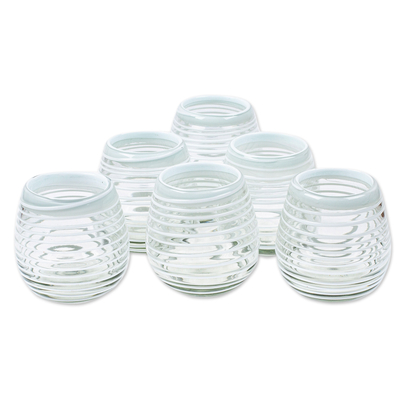 Handblown recycled glass stemless wine glasses, 'White Spirals' (set of 6) - Set of 6 Stemless Wine Glasses Handblown from Recycled Glass