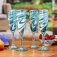 Handblown champagne flutes, 'Waves of Sophistication' (set of 4) - Set of 4 Turquoise and White Champagne Flutes from Mexico