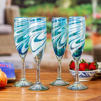 Handblown champagne flutes, Waves of Sophistication (set of 4)