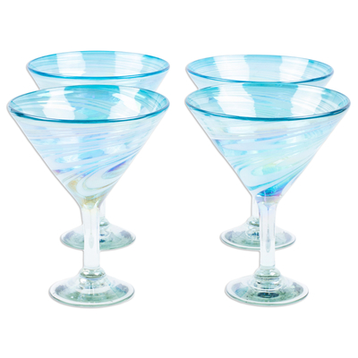 Handblown martini glasses, 'Waves of Glamour' (set of 4) - Set of 4 Turquoise and White Martini Glasses from Mexico