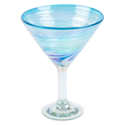 Handblown martini glasses, 'Waves of Glamour' (set of 4) - Set of 4 Turquoise and White Martini Glasses from Mexico