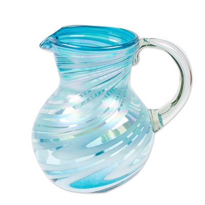 Handblown recycled glass pitcher, 'Waves of Sophistication' - Eco-Friendly Handblown Recycled Glass Pitcher in Turquoise
