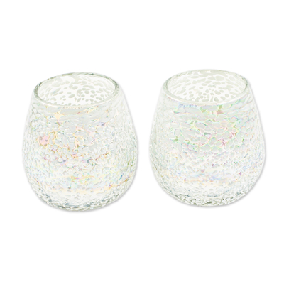 Handblown stemless wine glasses, 'Divine Drops' (pair) - Pair of Textured Clear Handblown Stemless Wine Glasses