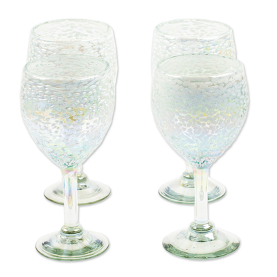 Handblown recycled glass wine glasses, 'Frosted White' (set of 4) - Set of 4 Frosted Wine Glasses Handblown from Recycled Glass