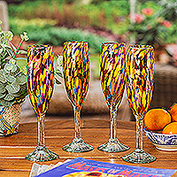 Handblown champagne flutes, 'Intense Luxury' (set of 4) - Set of 4 Multicolor Handblown Champagne Flutes from Mexico