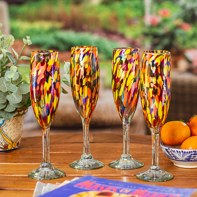 Set of 4 Multicolor Handblown Champagne Flutes from Mexico, 'Intense Luxury