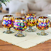 Handblown recycled glass snifters, 'Bright Confetti' (set of 4) - Set of 4 Multicolored Snifters Handblown from Recycled Glass