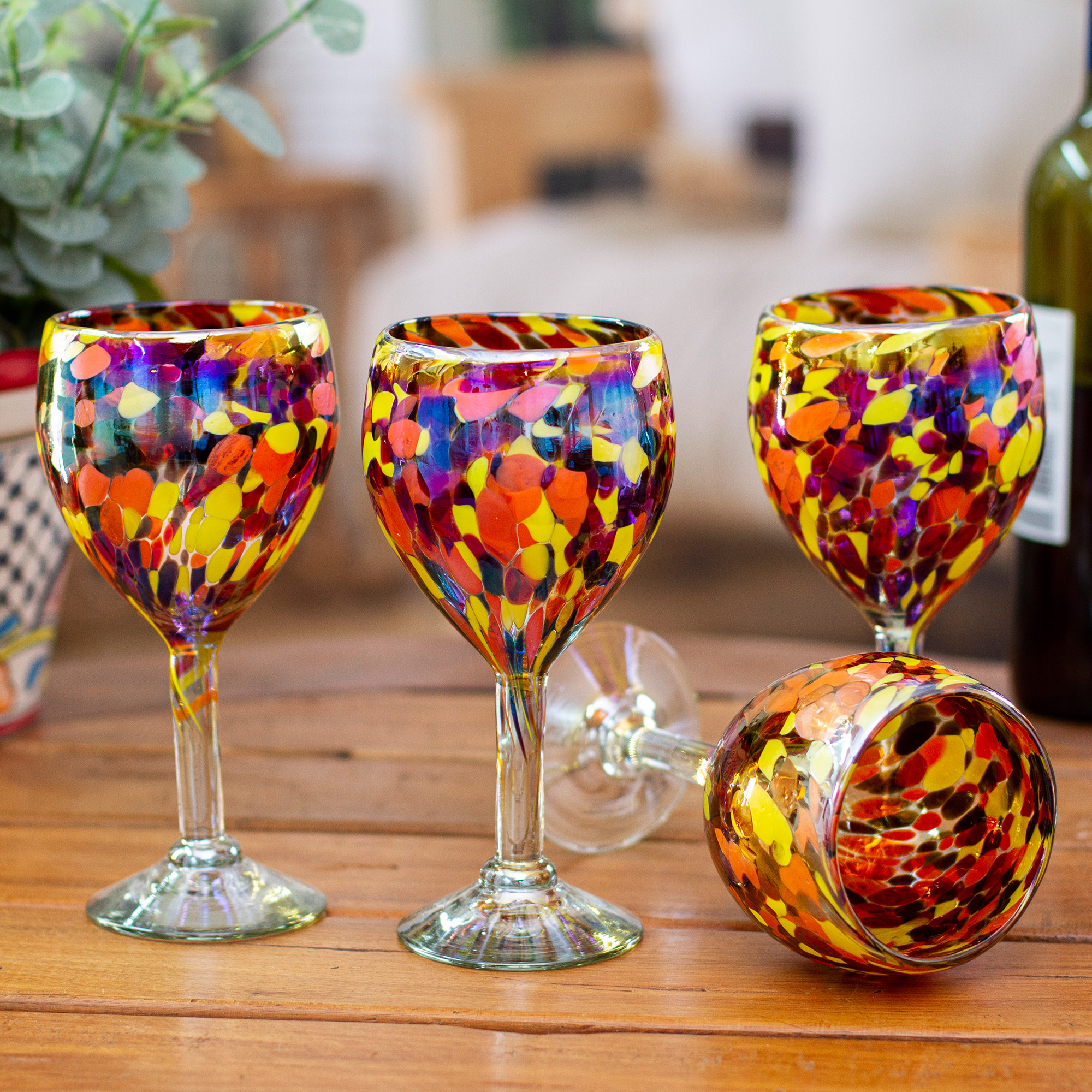 Set of 4 Colorful Wine Glasses Handblown from Recycled Glass